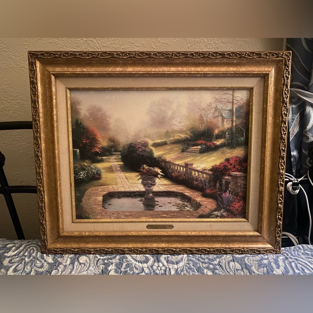 Thomas Kinkade canvas print on board Gardens Beyond Autumns Gate with COA framed